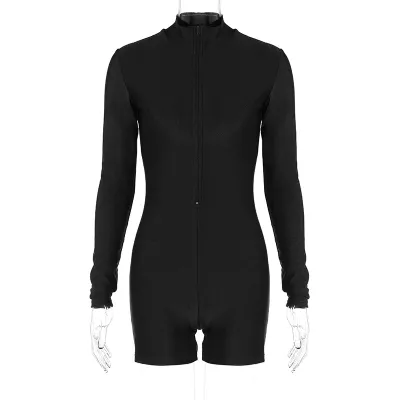 Women Slim Fit Long Sleeve Zipper Solid Color Rompers