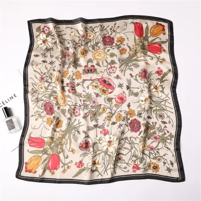 Women Fashion Geometric Flower Print Polyester Square Silk Scarf 70x70cm
