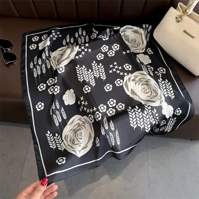 Women Fashion Geometric Flower Print Polyester Square Silk Scarf 70x70cm