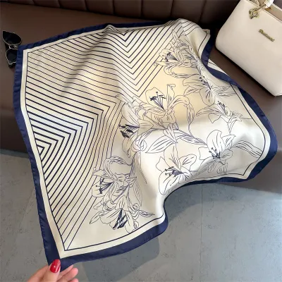 Women Fashion Geometric Flower Print Polyester Square Silk Scarf 70x70cm