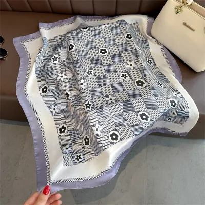 Women Fashion Geometric Flower Print Polyester Square Silk Scarf 70x70cm