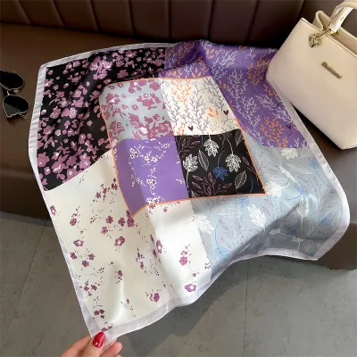 Women Fashion Geometric Flower Print Polyester Square Silk Scarf 70x70cm