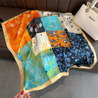 Women Fashion Geometric Flower Print Polyester Square Silk Scarf 70x70cm