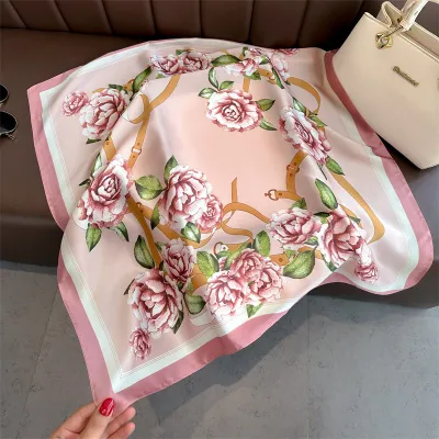 Women Fashion Geometric Flower Print Polyester Square Silk Scarf 70x70cm