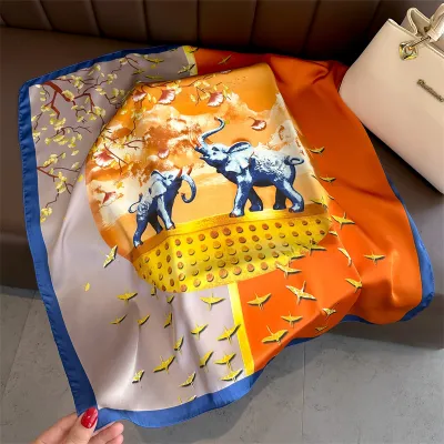 Women Fashion Geometric Flower Print Polyester Square Silk Scarf 70x70cm
