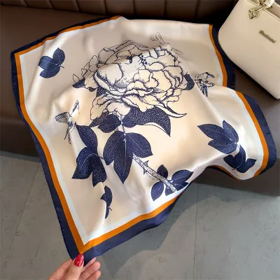 Women Fashion Geometric Flower Print Polyester Square Silk Scarf 70x70cm