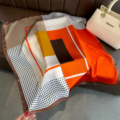 Women Fashion Geometric Flower Print Polyester Square Silk Scarf 70x70cm