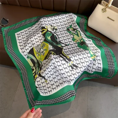 Women Fashion Geometric Flower Print Polyester Square Silk Scarf 70x70cm