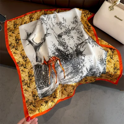Women Fashion Geometric Flower Print Polyester Square Silk Scarf 70x70cm