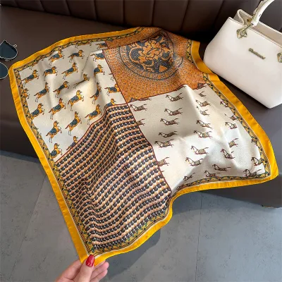 Women Fashion Geometric Flower Print Polyester Square Silk Scarf 70x70cm