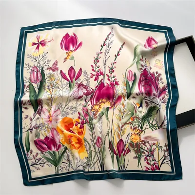 Women Fashion Geometric Flower Print Polyester Square Silk Scarf 70x70cm