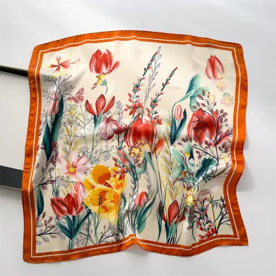 Women Fashion Geometric Flower Print Polyester Square Silk Scarf 70x70cm