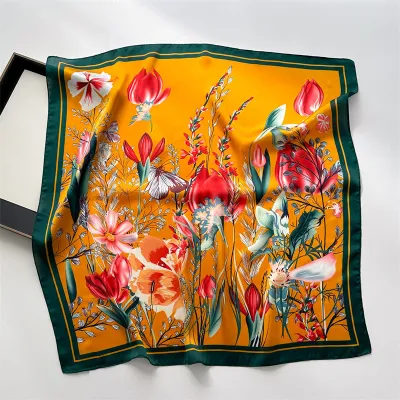 Women Fashion Geometric Flower Print Polyester Square Silk Scarf 70x70cm