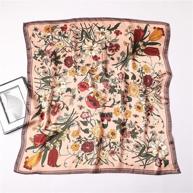 Women Fashion Geometric Flower Print Polyester Square Silk Scarf 70x70cm