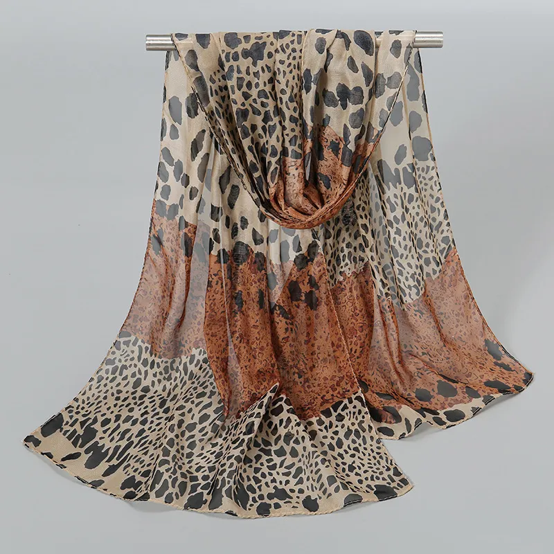 Women Fashion Leopard Print Chiffon Long Scarf Stitching