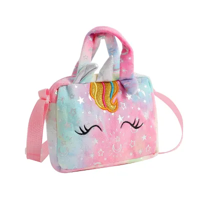 Kids Girls Cute Unicorn Plush Crossbody Bag with Tie-Dye Handle for Primary School