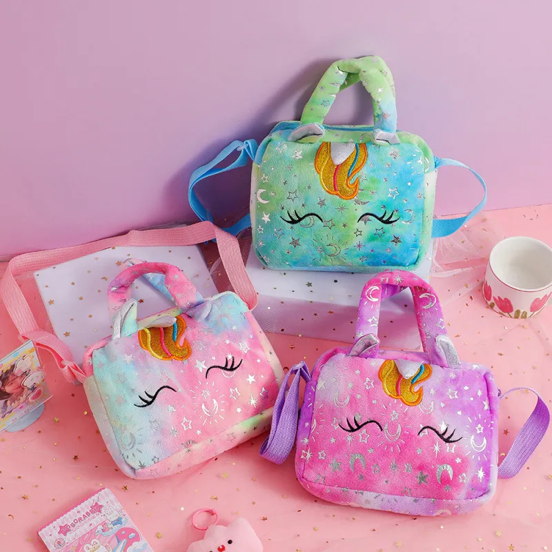 Kids Girls Cute Unicorn Plush Crossbody Bag with Tie-Dye Handle for Primary School
