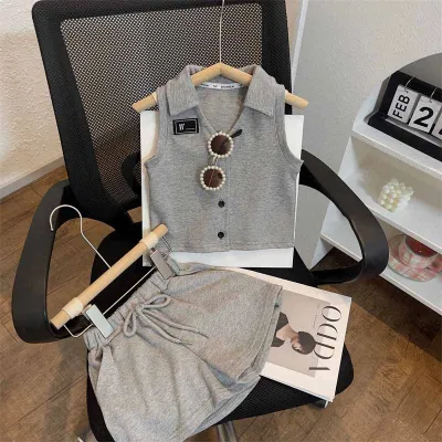Kids Toddler Girls Fashion Casual Solid Color Sleeveless Lapel Top Shorts Set Two-Piece