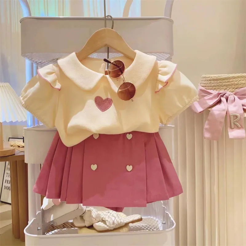 Kids Toddler Girls Casual Sweet Heart-Shaped Short Sleeve Lapel Top Shorts Set