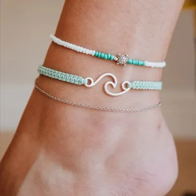 Women Bohemian Green Beaded Tortoise Pendant Anklet Set