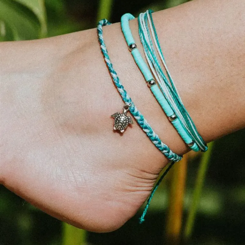 Women Bohemian Green Beaded Tortoise Pendant Anklet Set