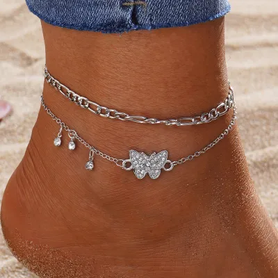 Women Fashion Simple Butterfly Rhinestone Anklet Set
