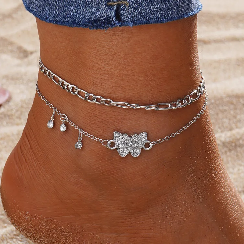 Women Fashion Simple Butterfly Rhinestone Anklet Set