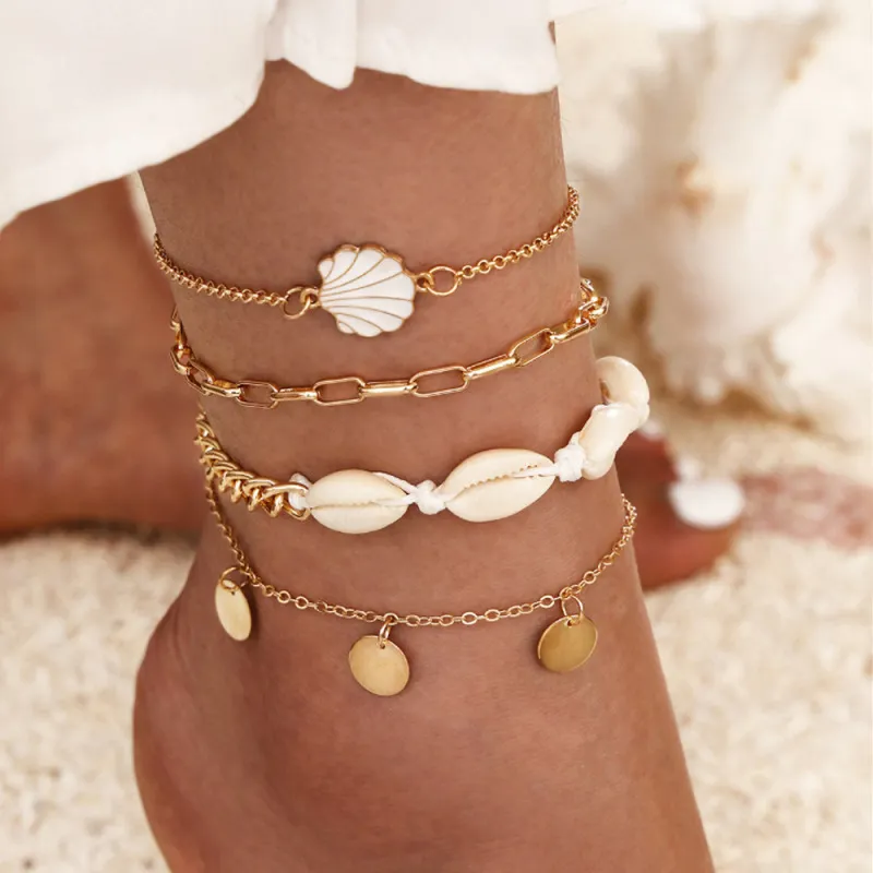 Women's Fashionable Simple Multi-Layer Shell Oil Dropping Scallop Anklet Four-Piece Set