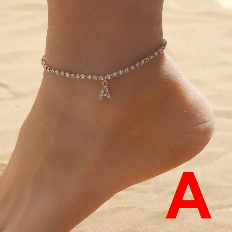 Women Simple Creative 26 English Alphabet Rhinestone Anklets