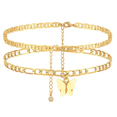 Women Fashion Butterfly Double Titanium Steel Anklet