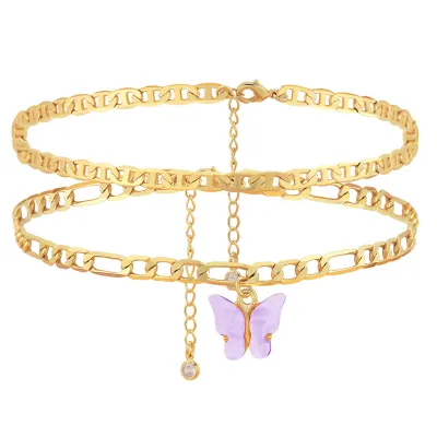 Women Fashion Butterfly Double Titanium Steel Anklet