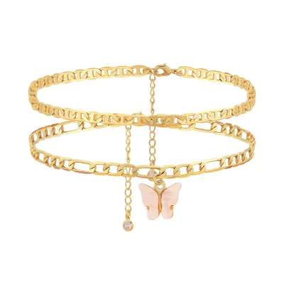 Women Fashion Butterfly Double Titanium Steel Anklet