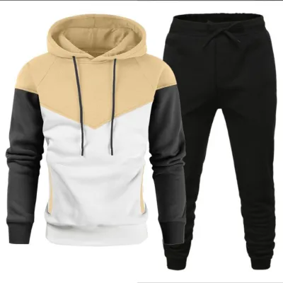Men Spring Autumn Fashion Casual Color Matching Plus Size Long Sleeve Hoodies Trousers Set