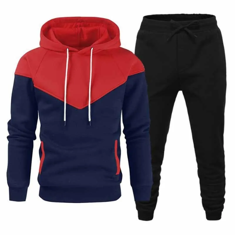 Men Spring Autumn Fashion Casual Color Matching Plus Size Long Sleeve Hoodies Trousers Set