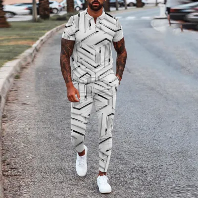 Men Fashion Casual 3D Print Plus Size Short Sleeve Lapel Polo Shirt Trousers Set