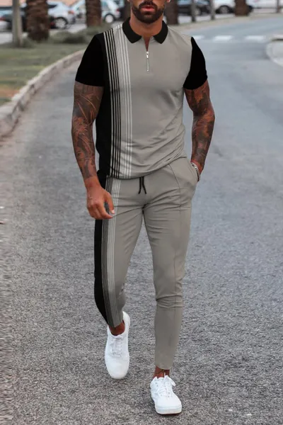 Men Fashion Casual 3D Print Plus Size Short Sleeve Lapel Polo Shirt Trousers Set