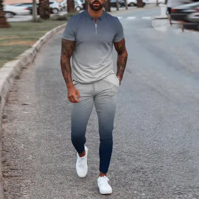 Men Fashion Casual 3D Print Plus Size Short Sleeve Lapel Polo Shirt Trousers Set