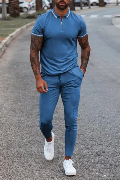 Men Fashion Casual 3D Print Plus Size Short Sleeve Lapel Polo Shirt Trousers Set