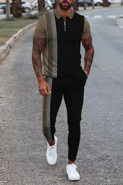 Men Fashion Casual 3D Print Plus Size Short Sleeve Lapel Polo Shirt Trousers Set