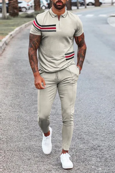 Men Fashion Casual 3D Print Plus Size Short Sleeve Lapel Polo Shirt Trousers Set