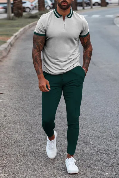 Men Fashion Casual 3D Print Plus Size Short Sleeve Lapel Polo Shirt Trousers Set