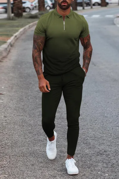 Men Fashion Casual 3D Print Plus Size Short Sleeve Lapel Polo Shirt Trousers Set