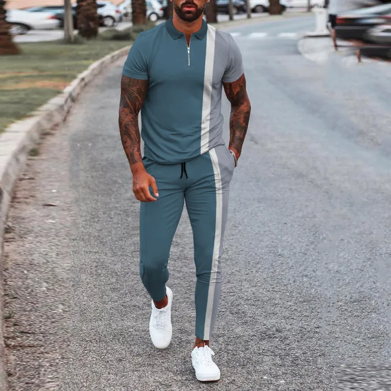 Men Fashion Casual 3D Print Plus Size Short Sleeve Lapel Polo Shirt Trousers Set