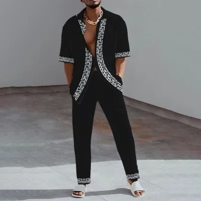 Men Fashion Casual 3D Print Gradient Color Plus Size Short Sleeve Lapel Shirt Trousers Set