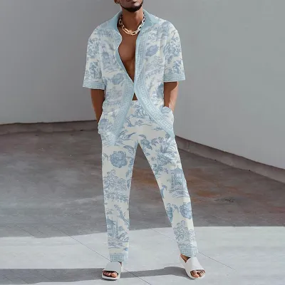 Men Fashion Casual 3D Print Gradient Color Plus Size Short Sleeve Lapel Shirt Trousers Set