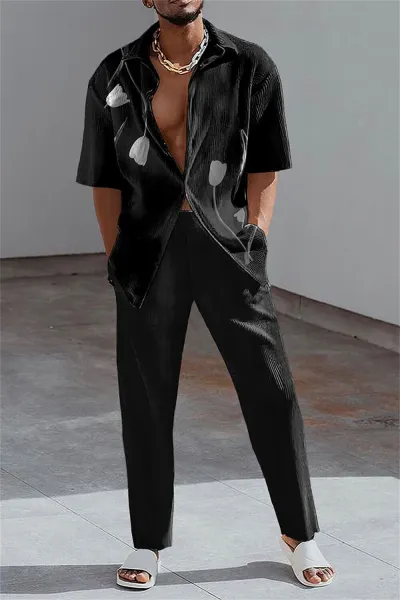 Men Fashion Casual 3D Print Gradient Color Plus Size Short Sleeve Lapel Shirt Trousers Set
