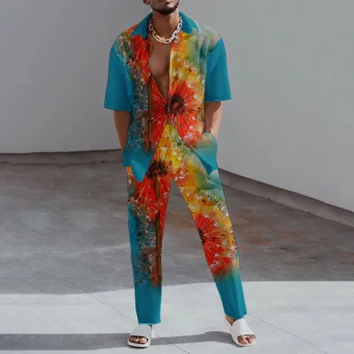 Men Fashion Casual 3D Print Gradient Color Plus Size Short Sleeve Lapel Shirt Trousers Set