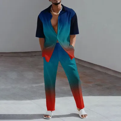 Men Fashion Casual 3D Print Gradient Color Plus Size Short Sleeve Lapel Shirt Trousers Set