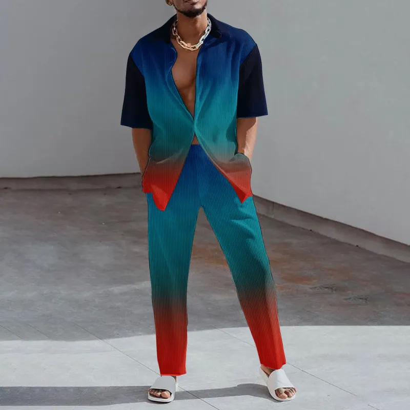 Men Fashion Casual 3D Print Gradient Color Plus Size Short Sleeve Lapel Shirt Trousers Set