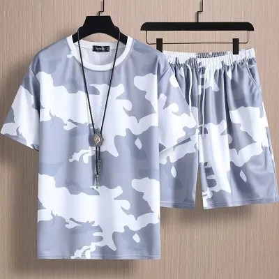 Men's Fashion Camouflage Print Plus Size Short Sleeve Round Neck T-Shirt Bermuda Shorts Set